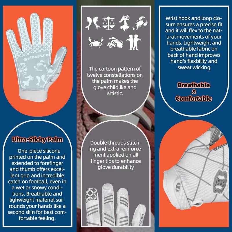 Seibertron Pro 3.0 Twelve Constellations Elite Ultra-Stick Sports Receiver Glove Football Gloves fit for Youth Child Kids White XS - Image 3